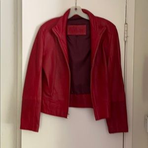 Red leather jacket.